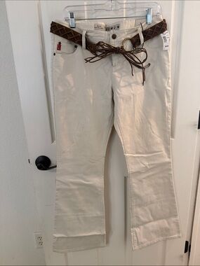 Y2K Mudd Cream Pants with Brown Braided Fringe Belt